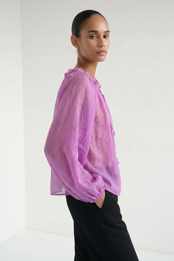 Uzun Kollu Süs Bağcıklı Regular Pembe Bluz