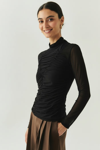 Boğazlı Drapeli Uzun Kollu Slim Fit Siyah Tül Bluz