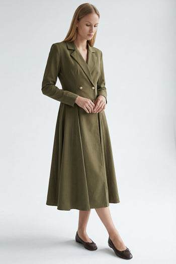 Gold Düğme Detaylı Kruvaze Dokuma Midi Blazer Elbise