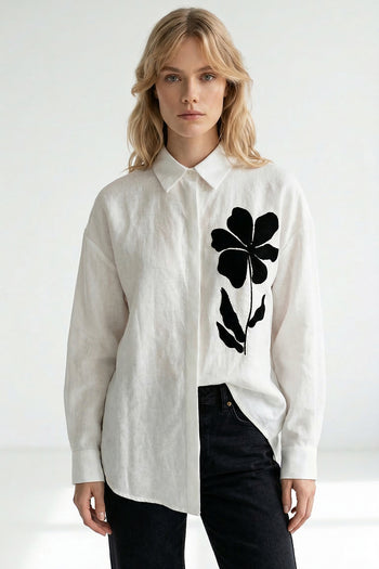 Gömlek Yakalı Uzun Kollu Aplike Nakışlı Keten Regular Beyaz Gömlek