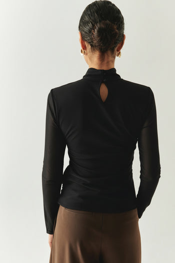 Boğazlı Drapeli Uzun Kollu Slim Fit Siyah Tül Bluz