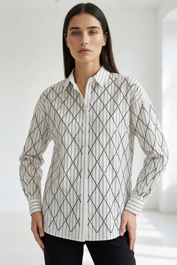 Uzun Kollu Geometrik İşleme Detaylı Regular Dokuma Gömlek