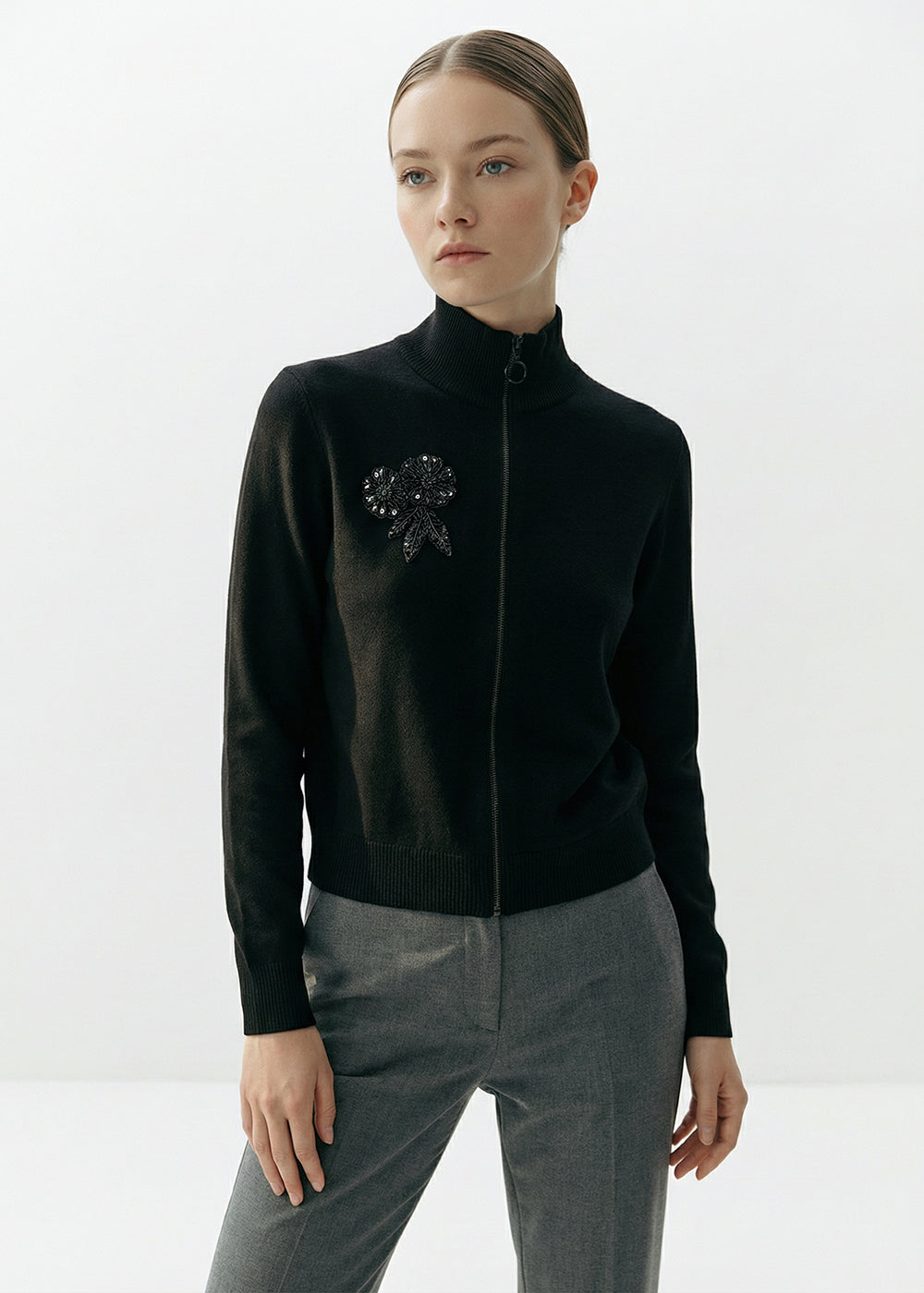 Fermuarlı Dik Yaka Uzun Kollu Regular Triko Hırka