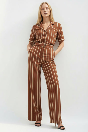 Çizgili ve Kemerli Bol Paça Pantolon