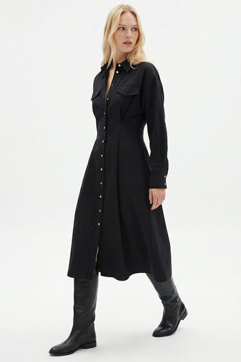 Gömlek Yaka Uzun Kollu Cepli Regular Düğmeli Siyah Midi Elbise