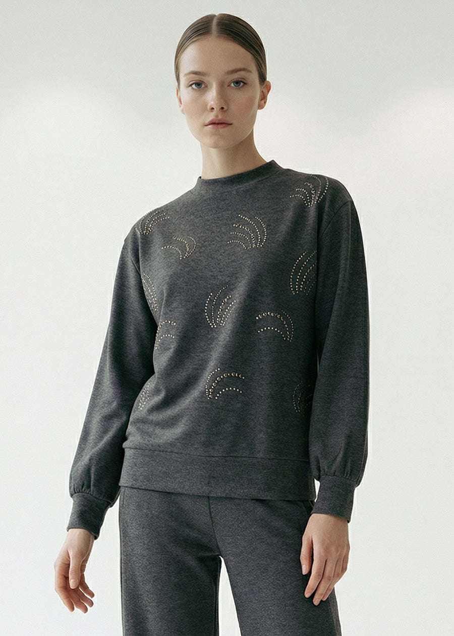 Desenli Taş İşlemeli Regular Uzun Kol Antrasit Sweatshirt