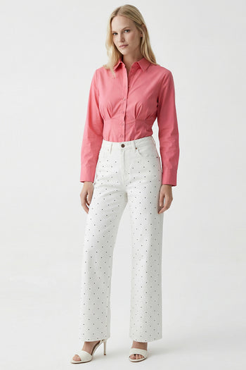 Taşlı Geniş Paça Yüksel Bel Regular Denim Beyaz Pantolon