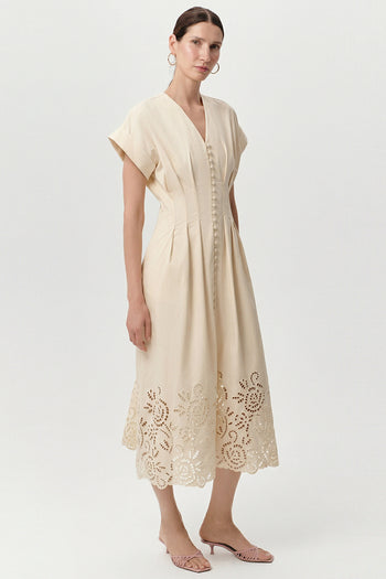 V Yaka Kısa Kollu Düğmeli Regular Midi Kemik Elbise