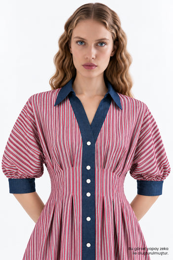 Denim Garni Reglan Kol Pileli Regular Midi Çok Renkli Elbise