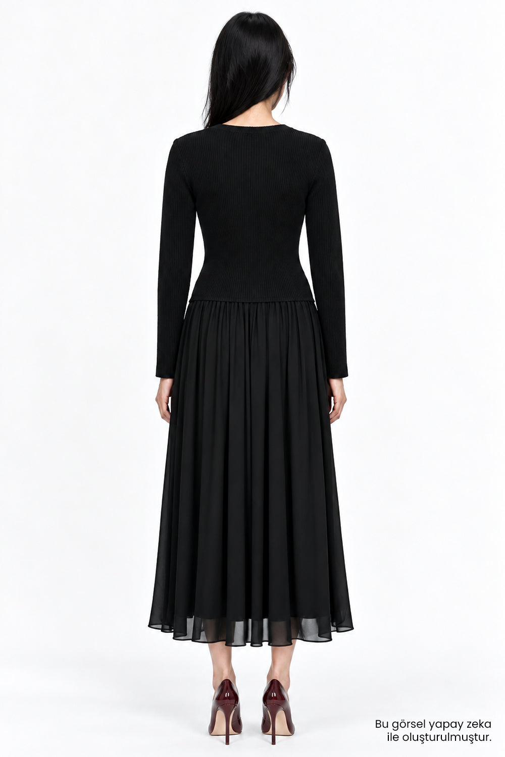 Bele Oturan Triko Garnili Astarlı Slim Fit Elbise