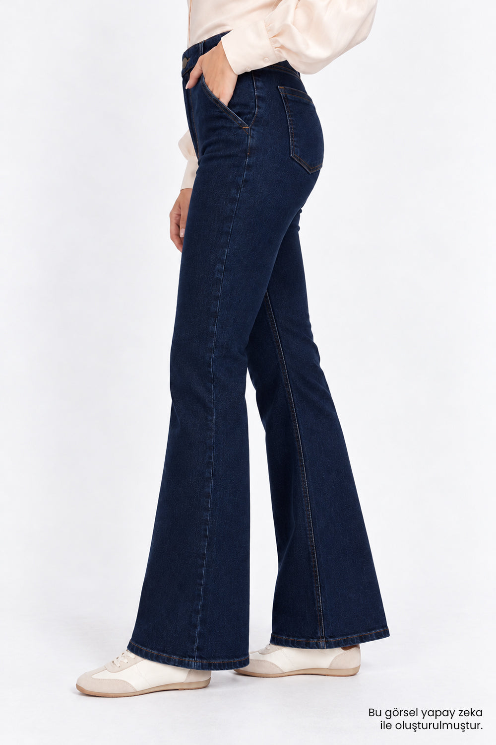 Yüksek Bel İspanyol Paça Slim Fit Denim Lacivert Pantolon