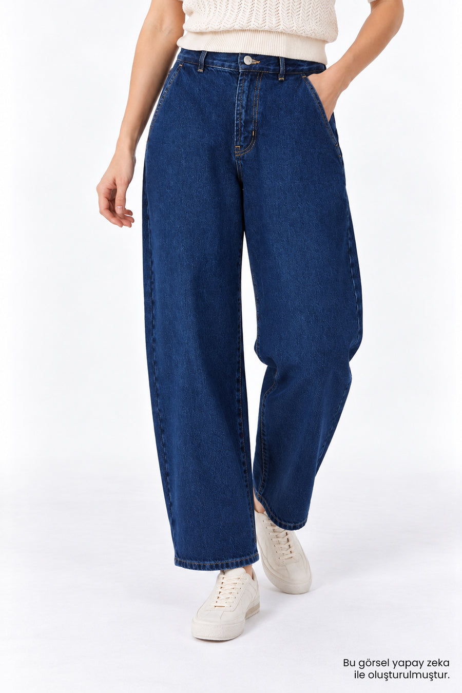 Geniş Paça Cepli Fermuarlı Regular Denim Lacivert Pantolon