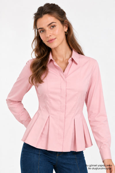 Bele Oturan Pileli Uzun Kollu Slim Fit Pembe Gömlek