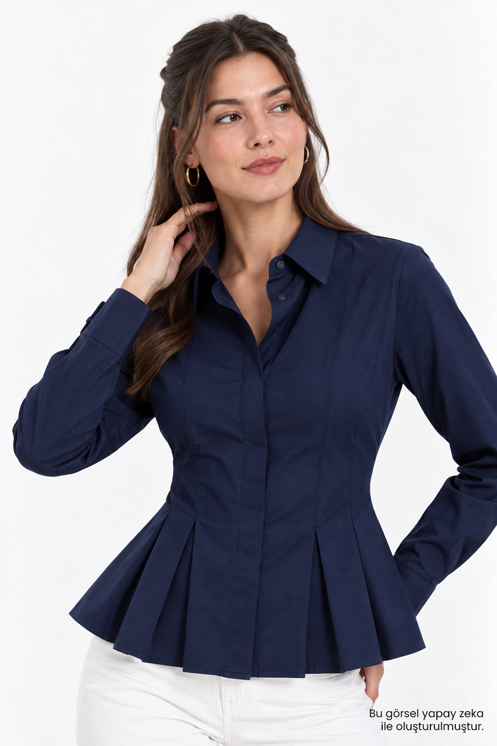 Bele Oturan Pileli Uzun Kollu Slim Fit  Lacivert Gömlek