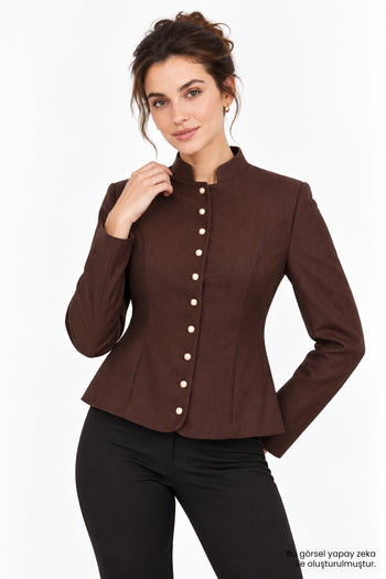 Dik Yaka Slim Fit İnce Çizgili Düğmeli Kahve Ceket