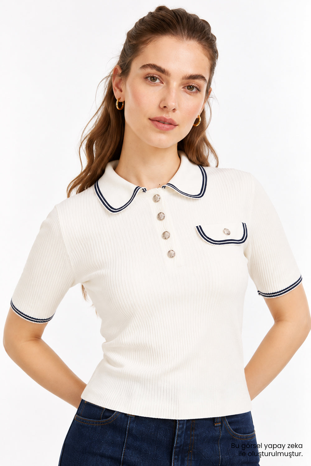 Kısa Kollu Polo Yaka Slim Fit Triko Ekru Bluz