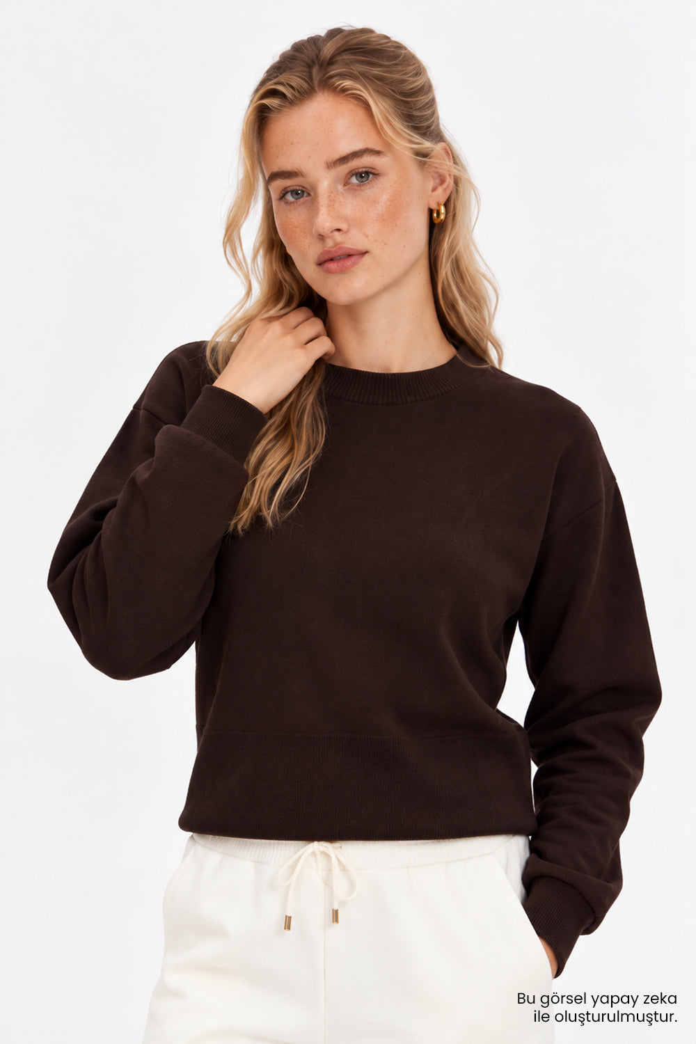 Bisiklet Yaka Uzun Kollu Ribanalı Kahverengi Sweatshirt