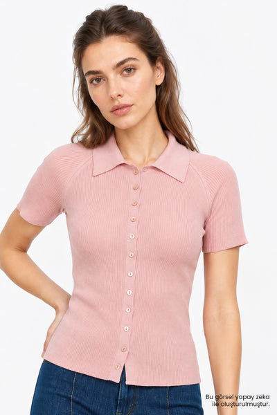 Reglan Kol Yakalı Slim Fit Pembe Triko Hırka