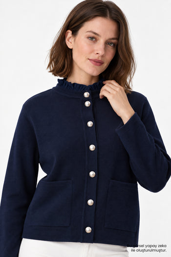 Denim Garnili Çıkarılabilir Yaka Regular Lacivert Triko Hırka