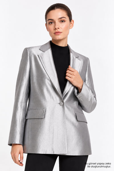 Mono Yaka Tek Düğmeli Metalik Blazer Gri Ceket