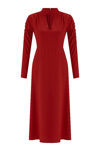 Kırmızı Kolu Büzgü Detaylı Elbise