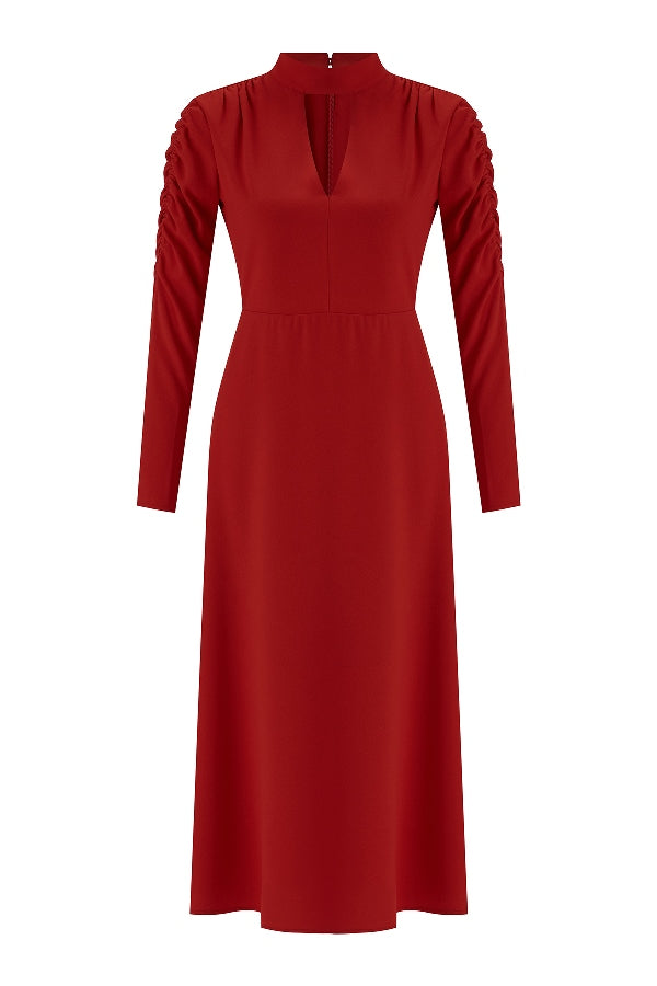 Kırmızı Kolu Büzgü Detaylı Elbise