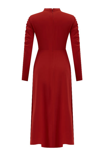 Kırmızı Kolu Büzgü Detaylı Elbise