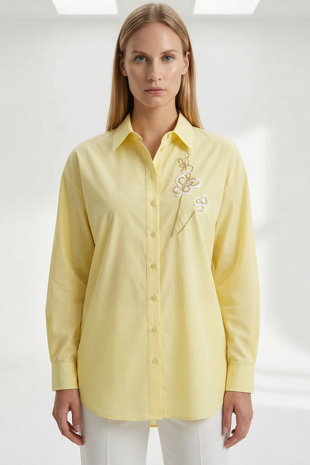 Gömlek Yaka Uzun Kollu Manşetli İşlemeli Regular Açık Sarı Gömlek