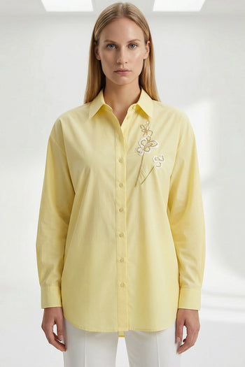 Gömlek Yaka Uzun Kollu Manşetli İşlemeli Regular Açık Sarı Gömlek
