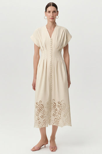 V Yaka Kısa Kollu Düğmeli Regular Midi Kemik Elbise