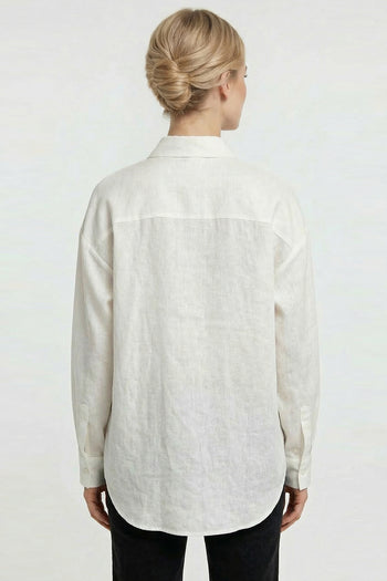 Gömlek Yakalı Uzun Kollu Aplike Nakışlı Keten Regular Beyaz Gömlek