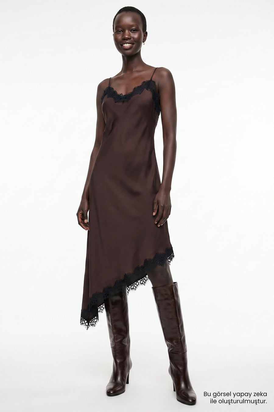 Saten Yüzeyli Ayarlanabilir Askı Slim Fit Kahverengi Elbise