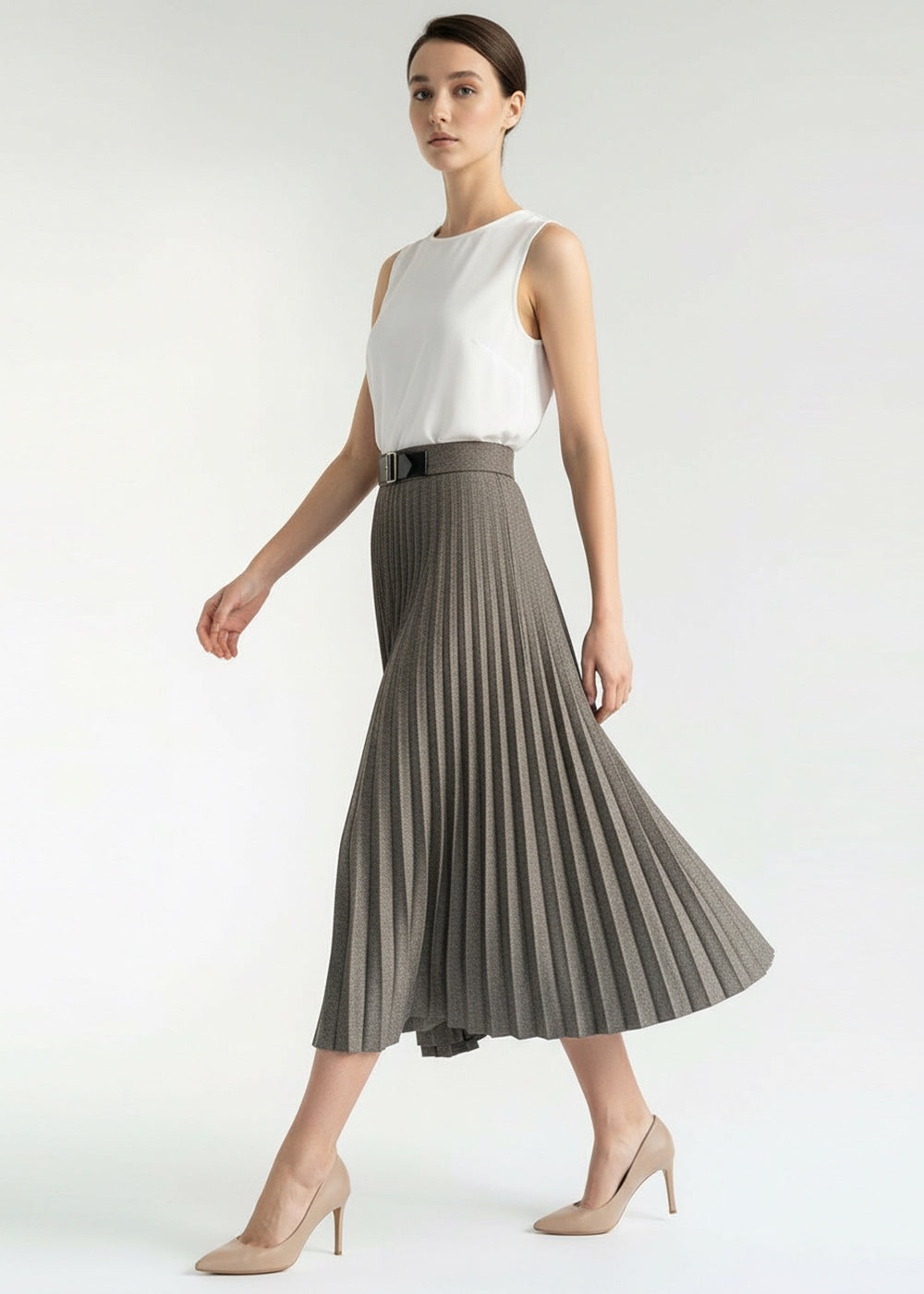 Balık Sırtı Desenli Pilisoley Yüksek Bel Tokalı Regular Midi Etek