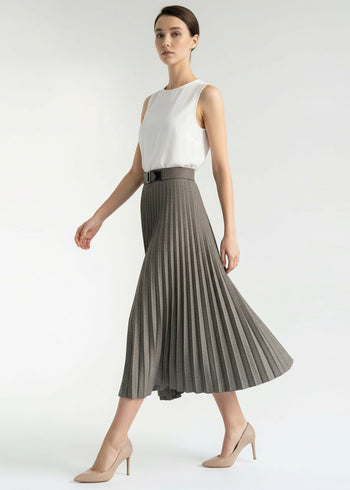 Balık Sırtı Desenli Pilisoley Yüksek Bel Tokalı Regular Midi Etek