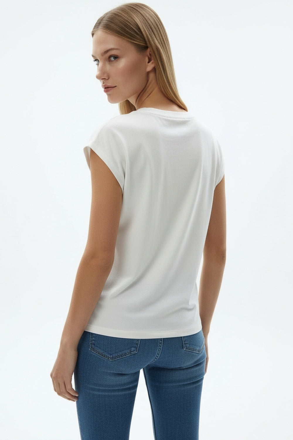 Taşlı Bisiklet Yaka Regular Ekru Tişört