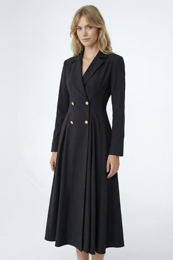 Gold Düğme Detaylı Kruvaze Dokuma Midi Blazer Elbise