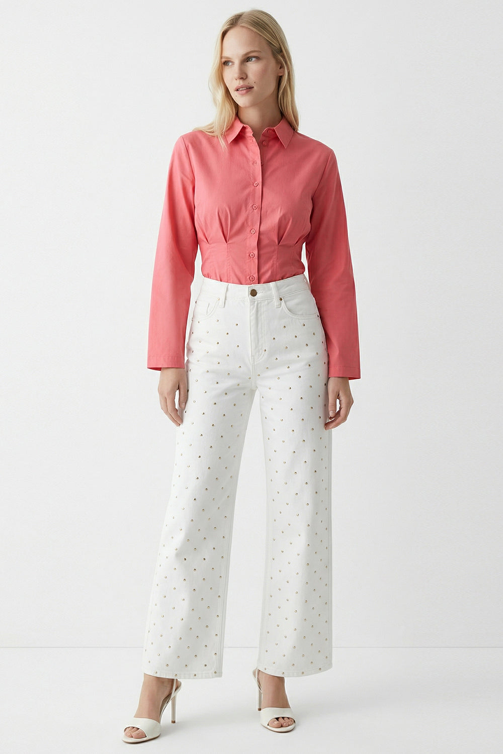 Taşlı Geniş Paça Yüksel Bel Regular Denim Beyaz Pantolon