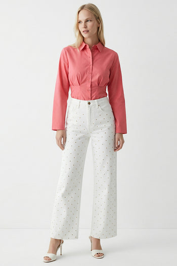 Taşlı Geniş Paça Yüksel Bel Regular Denim Beyaz Pantolon