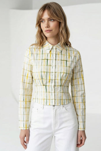 Gömlek Yaka Pile Detaylı Uzun Kollu Crop Regular Çok Renkli Gömlek