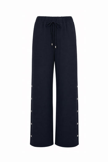 Yanları Çıt Çıtlı Beli Lastikli Geniş Paça Örme Lacivert Pantolon