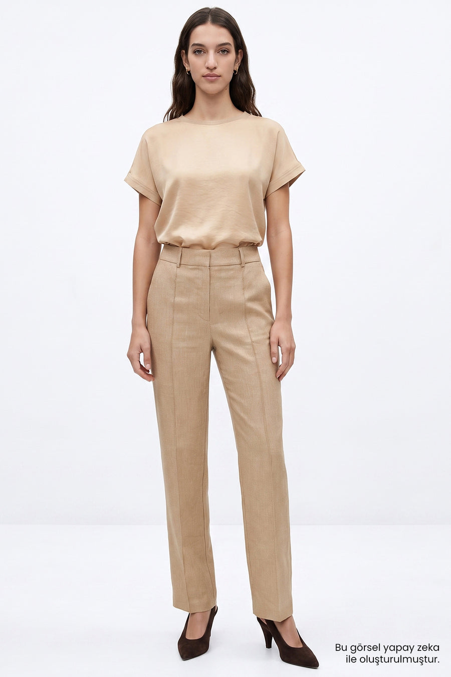 Yüksek Bel Keten Karışımlı Regular Camel Pantolon