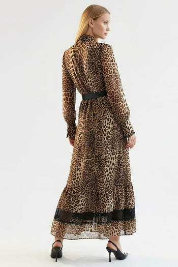 Leoper Desenli Kemerli Regular Maxi Çok Renkli Elbise