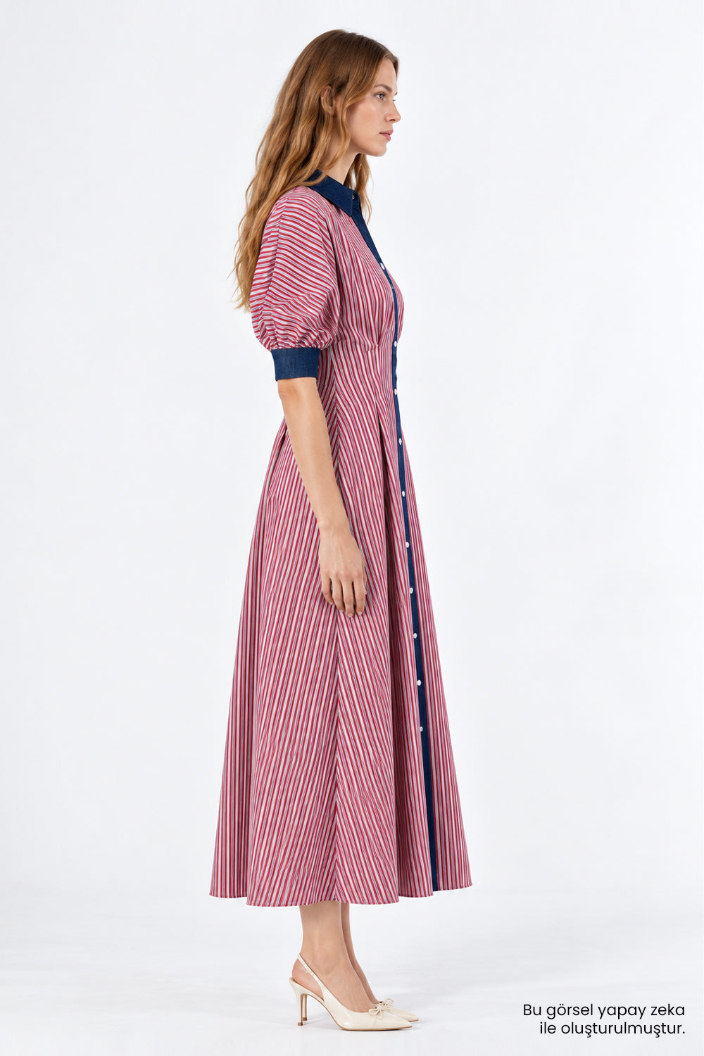 Denim Garni Reglan Kol Pileli Regular Midi Elbise