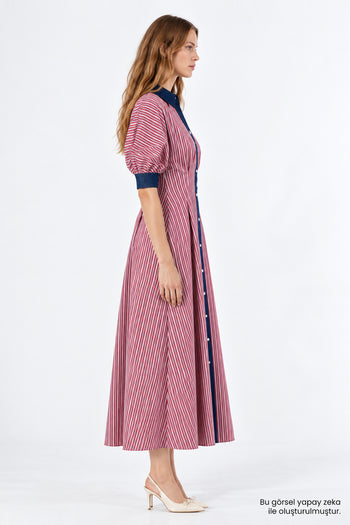 Denim Garni Reglan Kol Pileli Regular Midi Çok Renkli Elbise