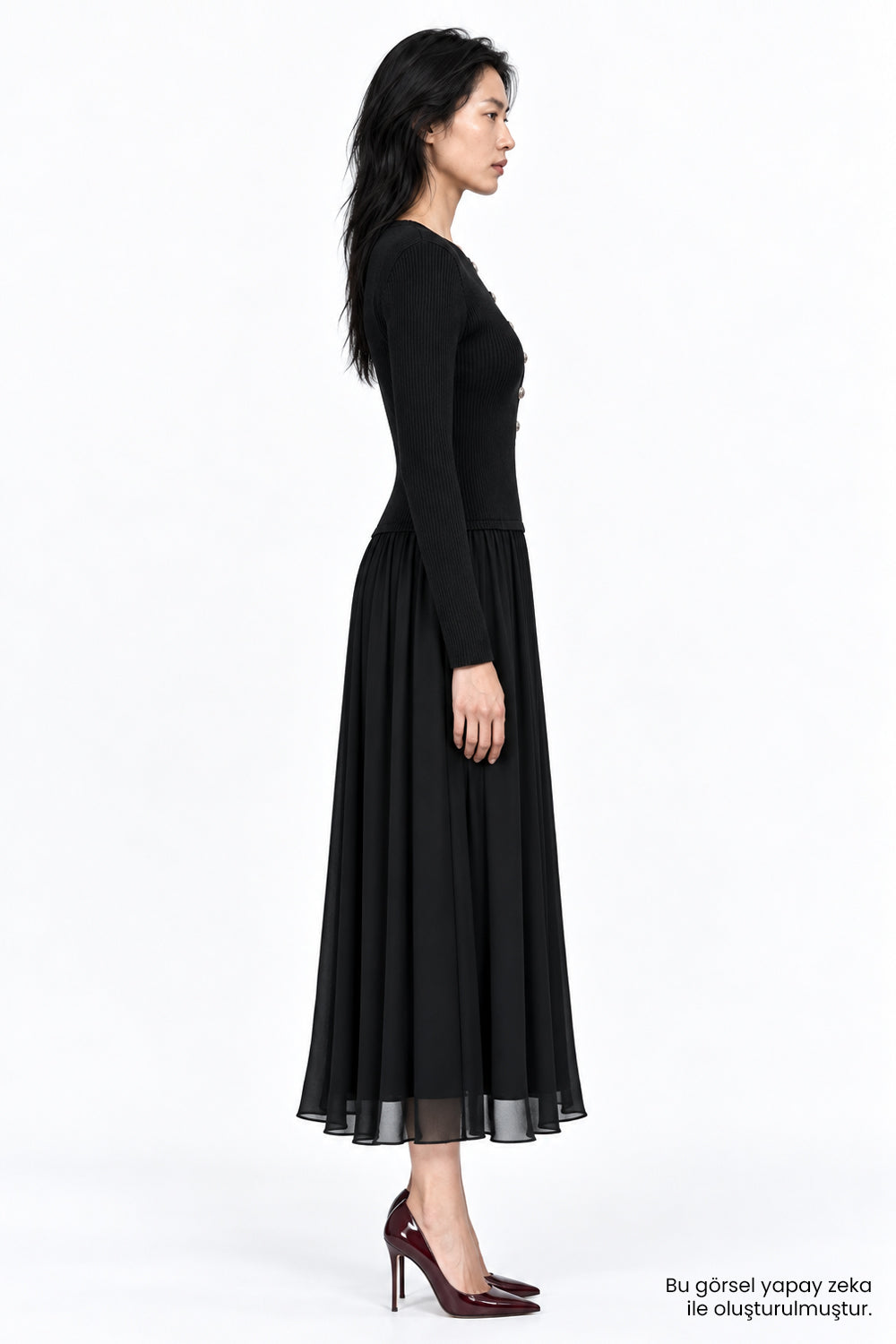 Bele Oturan Triko Garnili Astarlı Slim Fit Elbise