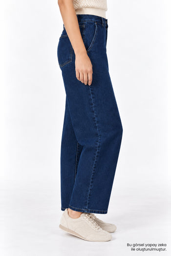 Geniş Paça Cepli Fermuarlı Regular Denim Lacivert Pantolon