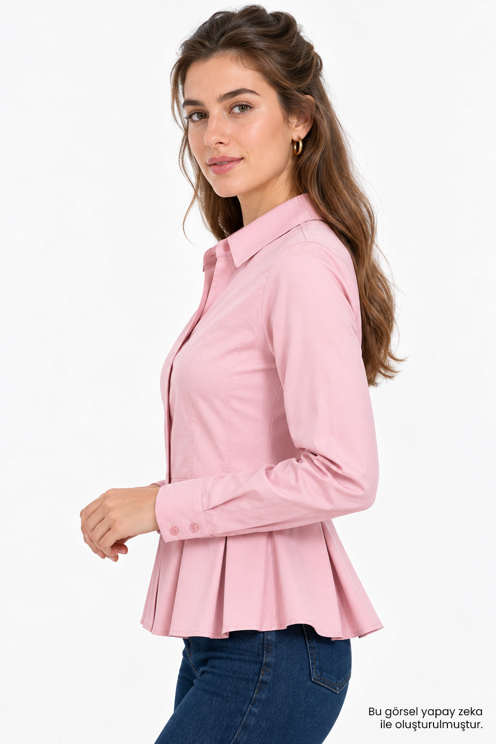 Bele Oturan Pileli Uzun Kollu Slim Fit Pembe Gömlek
