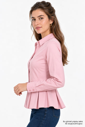 Bele Oturan Pileli Uzun Kollu Slim Fit Pembe Gömlek