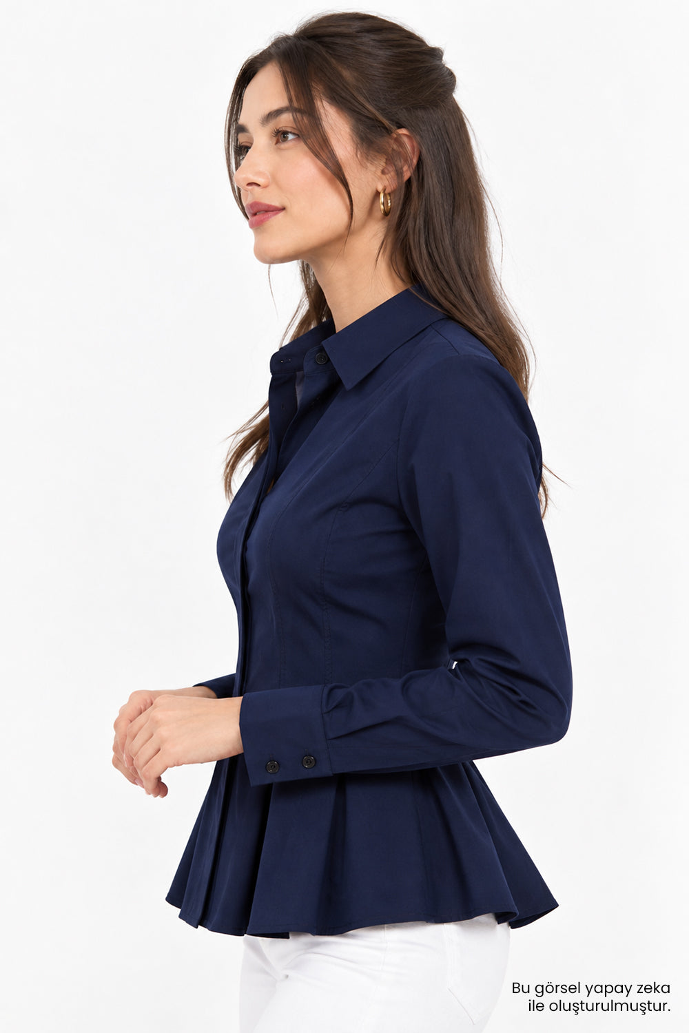 Bele Oturan Pileli Uzun Kollu Slim Fit  Lacivert Gömlek
