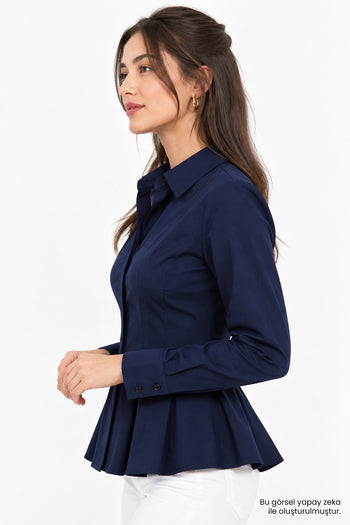 Bele Oturan Pileli Uzun Kollu Slim Fit  Lacivert Gömlek